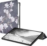 kwmobile tablet hoes met standaard - geschikt voor Samsung Galaxy Tab S7 Plus / Tab S7 FE - Tablet houder van kunstleer - In taupe / wit / donkergrijs Magnolia design