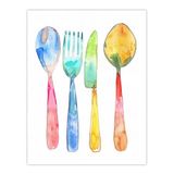 Artery8 Colourful Cutlery Fork Knife Spoon Watercolour Kitchen Large Wall Art Poster Print Thick Paper 18X24 Inch