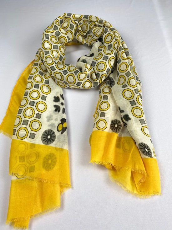 Modesjaals.nl Dames Sjaal - Geel - Gebloemd - 50% Katoen / 50% Viscose