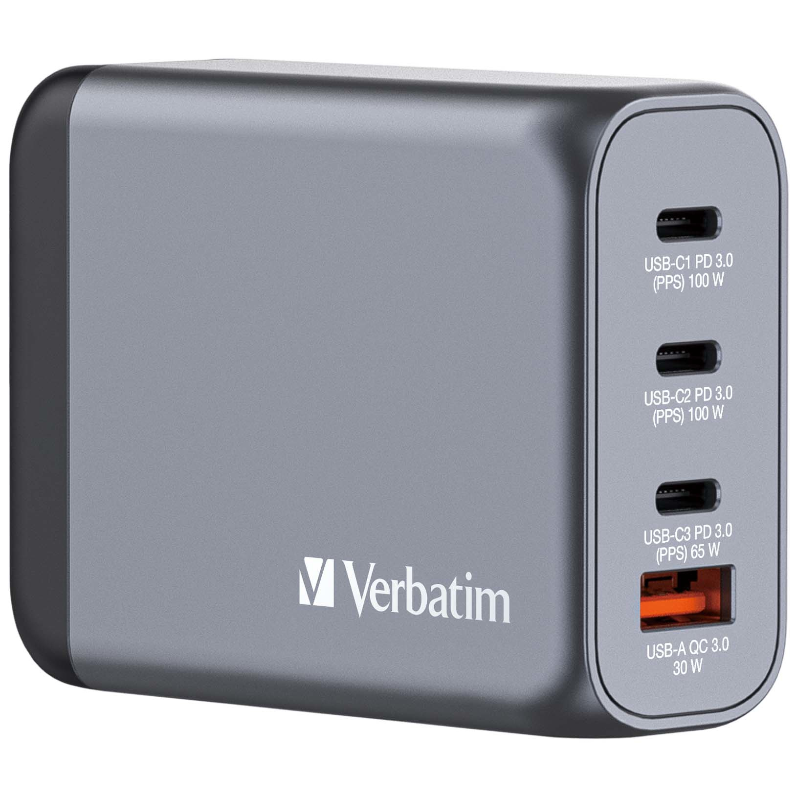 Verbatim 100 W GaN-wandoplader met vier poorten 2 x USB-C PD 100 W / 1 x USB-C PD 65 W / 1 x USB-A QC 3.0 (EU/VK/VS)