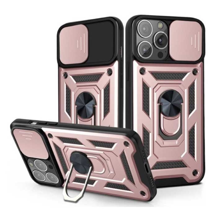 Huikai Huikai iPhone 14 Plus - Armor Hoesje met Kickstand en Camera Bescherming - Pop Grip Cover Case Roze