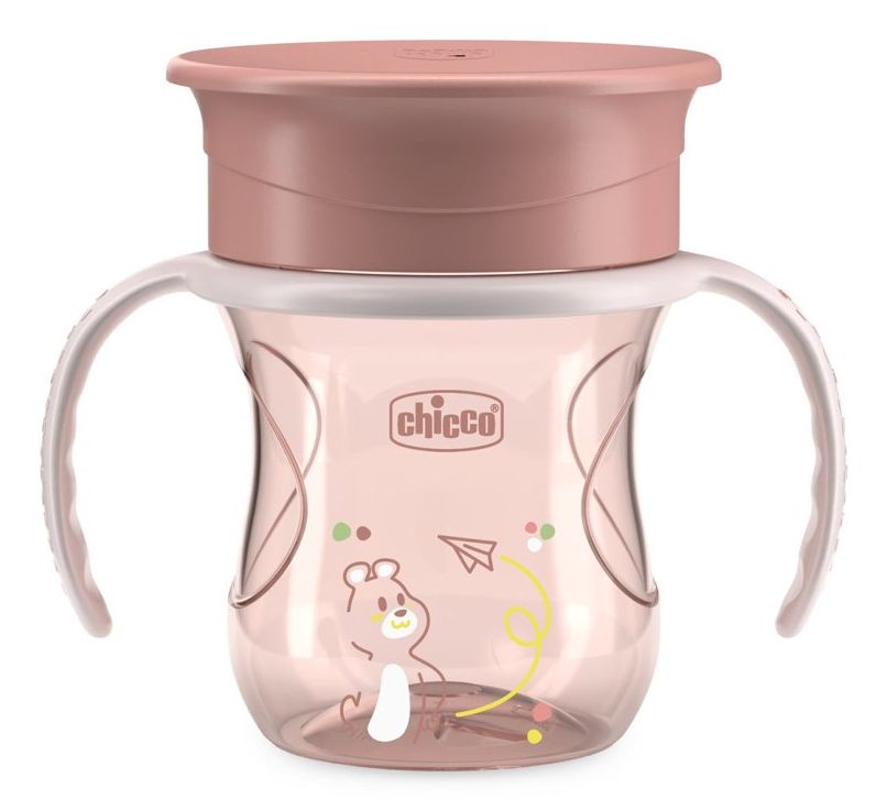 Chicco Perfect Cup Premier Glas voor Kinderen 200 ml, 1 Flessenbeker 12+ Maanden om te leren drinken, met 360° siliconen membraan en afneembare handgrepen, BPA-vrij, roze