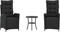vidaXL 3-delige Bistroset met Kussens, Zwart, Polyrotan