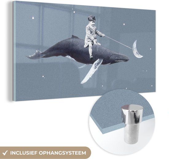 MuchoWow® Glasschilderij 40x20 cm - Acrylglas Schilderij - Ruimte - Jongen - Maan - Walvis - Foto op glas