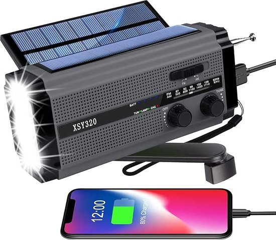 Noodradio - Radio op batterijen - Oplaadbare radio - SOS Alarm - Oplaadbaar via Batterij, Zon, USB en Opwinden - Powerbank - Zaklamp - AM/FM - Zakradio - USB C kabel - Emergency radio - Survival radio