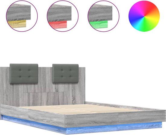 vidaXL Bedframe met hoofdbord en LED grijs sonoma eiken 150x200 cm