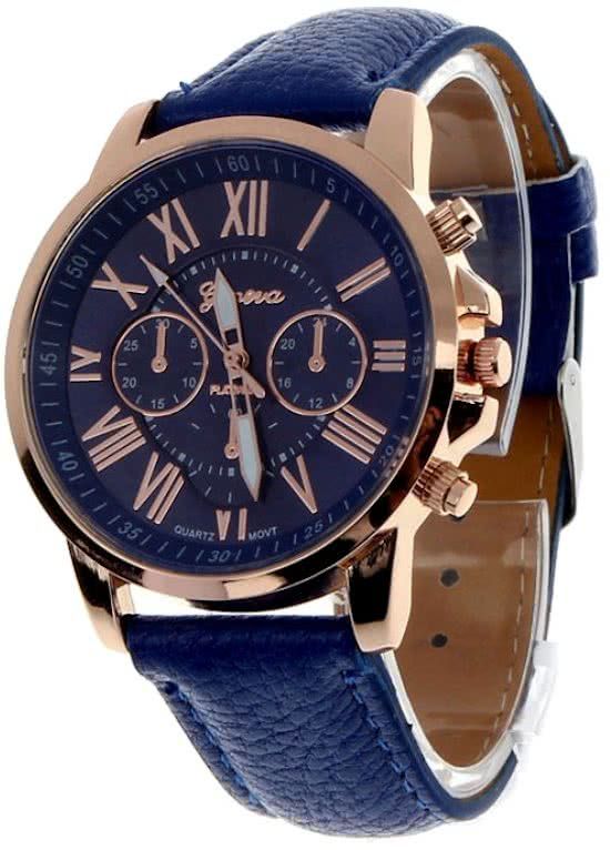 Fako Bijoux® - Geneva Horloge - Donkerblauw - Romeinse Cijfers - 8719747424636