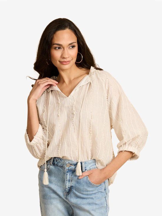 G-Maxx 26ZTG11 Blousetop Ecru Gestreept Polyester Regular Fit Vrouwen Maat 40