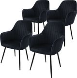 ML-Design Set van 4 eetkamerstoelen, zwart, fluwelen look, gevoerde zitting met metalen poten, ergonomische rugleuning en armleuningen, moderne stoel voor woonkamer, kantoor, slaapkamer, keuken