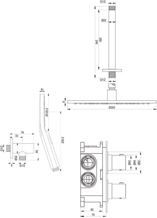 Brauer Regendoucheset 48 Inbouw Muur Black Edition 30cm Rond Mat Zwart 2 Greeps 3-weg met Thermostaatkraan Glijstang en Handdouche