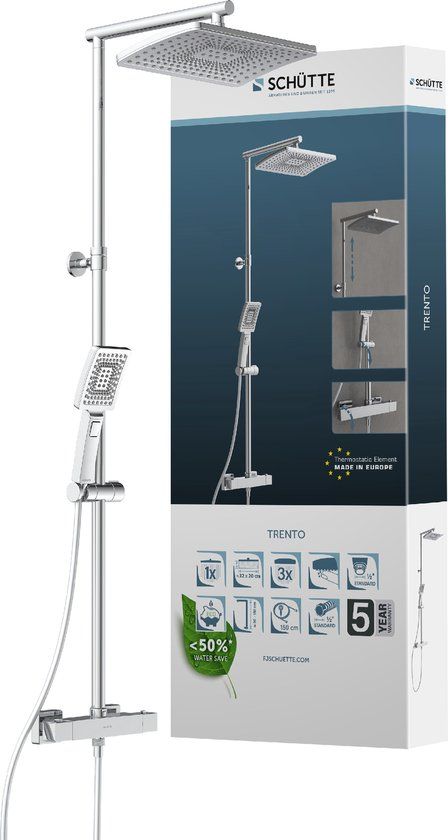 Schütte TRENTO Douchesysteem - Regendouche - Met Thermostatische Douchekraan - Hartafstand 150 mm - Chroom