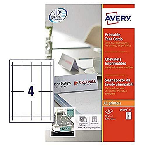 Avery L4794-10 Printerplaats/Tentkaarten, 4 kaarten per A4 vel