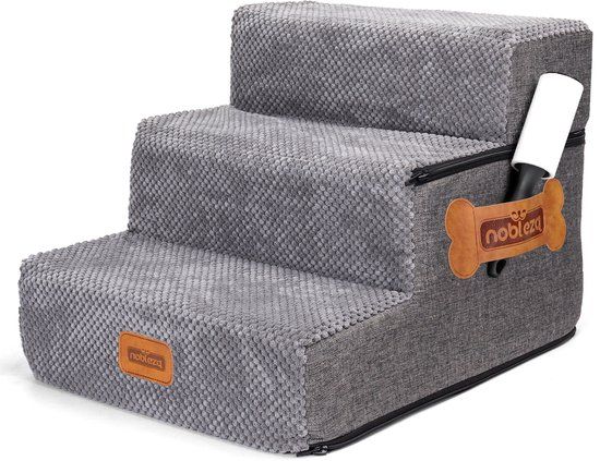 Nobleza Hondentrap - Hondentrapje voor honden - 33D-schuim Trapje voor Kleine Huisdieren - Honden opstapje - 3 treden - 38 x 46 x 34 cm - extra stevig en comfortabel - Grijs