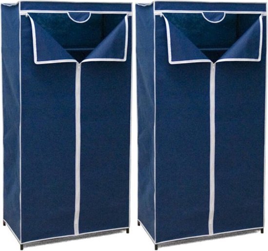 Gerim 2x Stuks mobiele opvouwbare kledingkasten met blauwe hoes 75 x 46 x 160 cm - Kleding opbergers/opbergen
