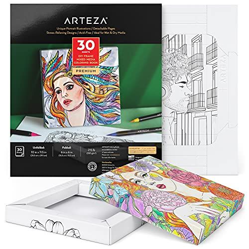 ARTEZA kleurboek voor volwassenen, 25,5 x 29,1 cm, 15,3 x 15,3 cm gevouwen, 30 vellen, portret-illustraties, papier van 350 g/m2, doe-het-zelf kleurplaten om te ontspannen