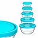 Set de 5 boîtes de rangement - Contenants en verre - 5 pièces - Verre borosilicaté résistant à la chaleur - Couvercles hermétiques - Empilable - 160 ml – 2,4 litres - Bleu