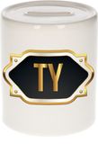 Bellatio Decorations Ty Spaarpot - wit - met goud/zwart embleem - 8 x 9 cm - keramiek - met afsluitdop