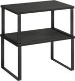 Famanu - Kruidenrek, set van 2, kastorganizer, uitbreidbaar keukenopbergrek, stapelbaar kruidenrek, metaal, bewerkt hout, inktzwart en boszwart KCS02B01