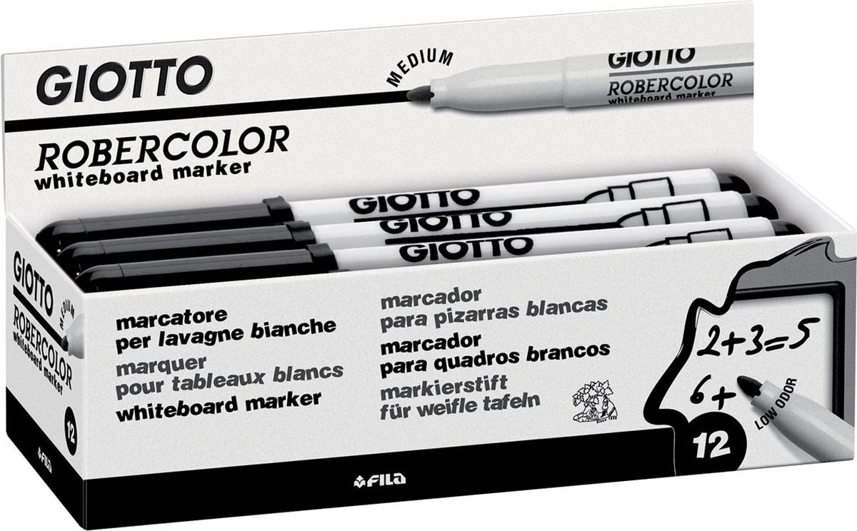 Giottos Robercolor whiteboardmarker, medium, ronde punt, zwart 12 stuks