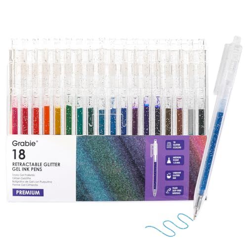 Grabie Glitter Gelpennen, 18 Sparkle Kleuren Klikpennen, Luxe Glitter Pennenset voor Tekenen & Journaling, Creatieve Art Pennen met Soepel Schrijvende Inkt