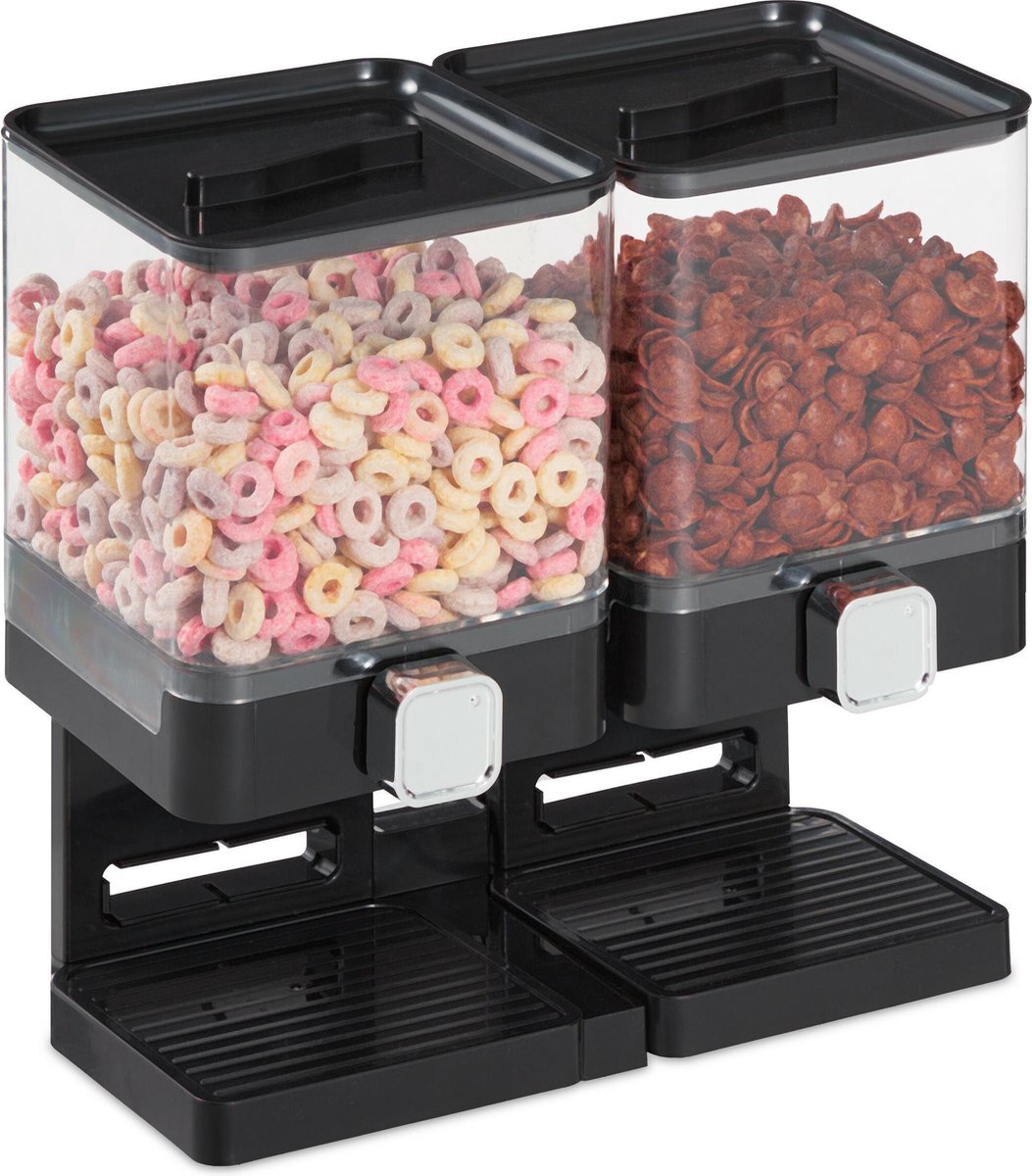 Relaxdays dubbele cornflakes dispenser - 2 houders - muesli dispenser - snoep automaat zwart