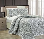 Linen Plus King/California King 3 st Omkeerbare Oversized Sprei Set Medaillon Print Licht Grijs Wit Zwart Nieuw