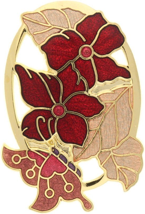 Behave® Broche bloemen en vlinder rood bruin - emaille sierspeld - dames - 4.5 cm