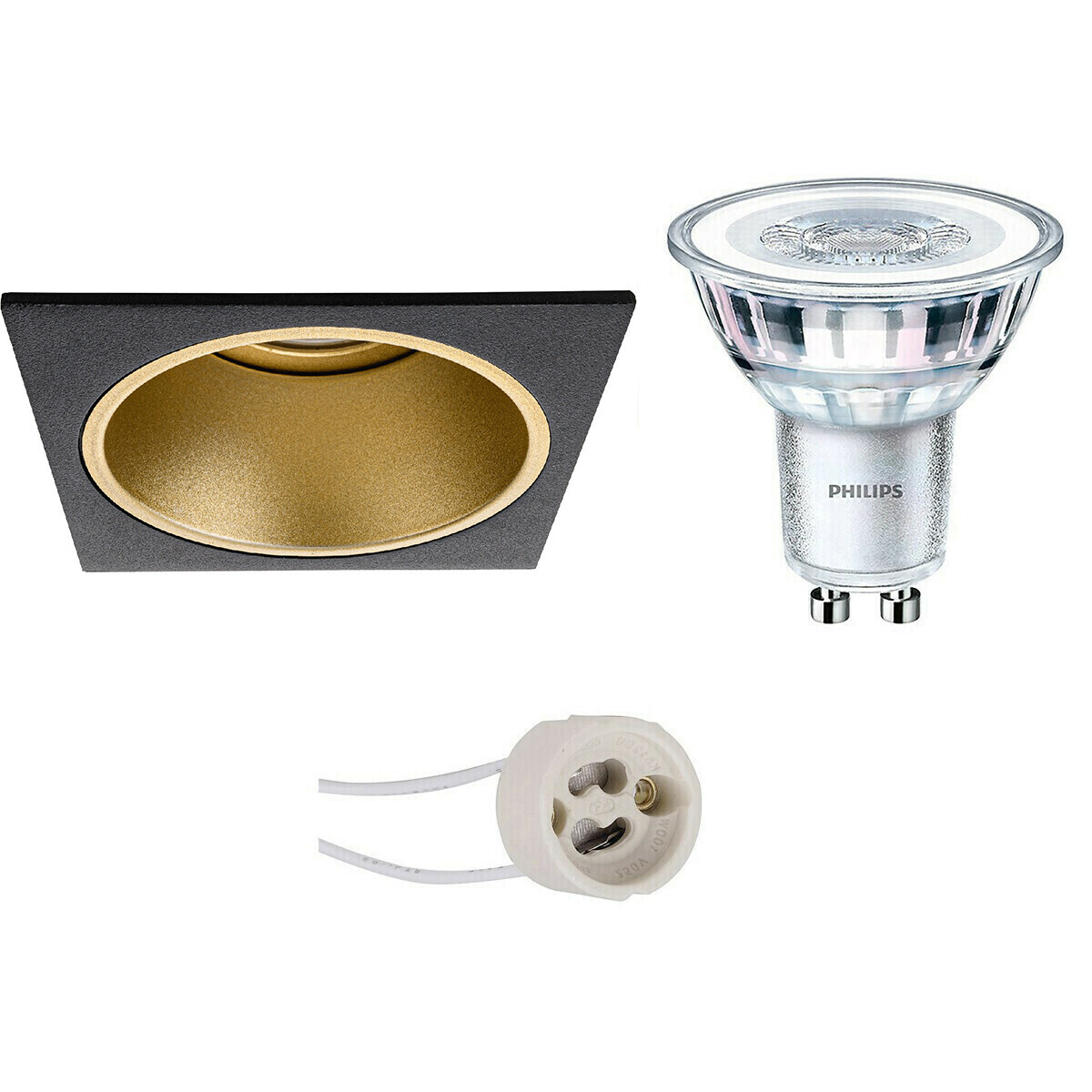 BES LED LED Spot Set - Pragmi Minko Pro - GU10 Fitting - Inbouw Vierkant - Mat Zwart/Goud - Verdiept - 90mm - Philips - CorePro 830 36D - 3.5W - Warm Wit 3000K