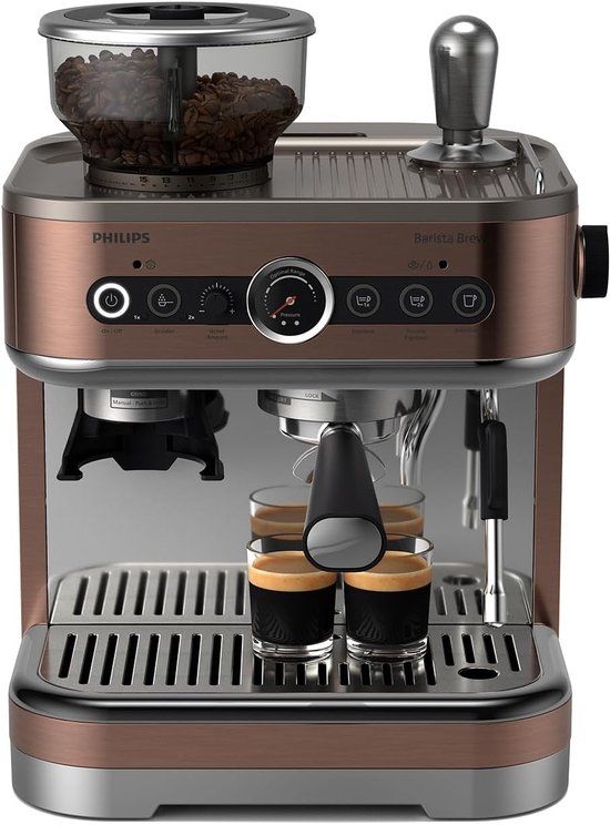PHILIPS Barista Brew Semi Automatische Espressomachine - Enkele & Dubbele Espresso + Americano-knop, 280g Dual Bean Container, Gekalibreerd Tamponeren, Metalen Cappuccino (PSA3228/41)