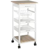 HOMCOM Serveerwagen keukenwagen met wieltjes, wit, licht eiken | Mand, 2 afneembare planken, lade, rek van MDF, grenenhout