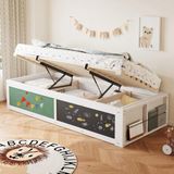 OEM Houten kinderbed, 90 x 200 cm, met hydraulische verstelling, schrijfblad en zacht hoofdeinde, boekenplank, wit
