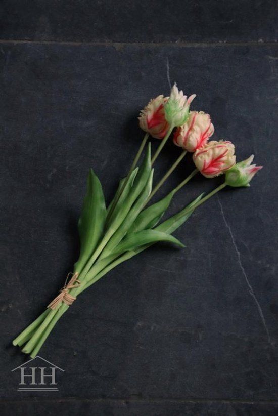 Merkloos Papegaai tulpenboeket - kunst tulpen - 40cm - 5 stelen - donker roze