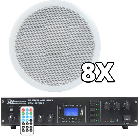 Power Dynamics 100V geluidsinstallatie met 8 plafondspeakers