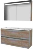Basic Line Premium 46 Badkamermeubelset - 120 x 46 cm - Greeploos - 2 Lades - Keramische Wastafel - 2 Kraangaten - Spiegelkast met LED Verlichting - Scotch Oak