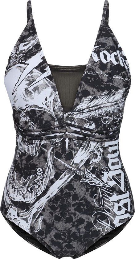 Rock Rebel by EMP olijfgroen zwempak met doodshoofdpatroon en decoratieve linten - Dames - S