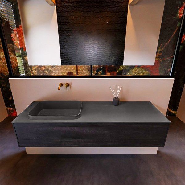 Mondiaz ERIN 150cm badmeubelset onderkast Dark brown met 1 lade Wastafel RIDGE links Dark grey ERIN12086