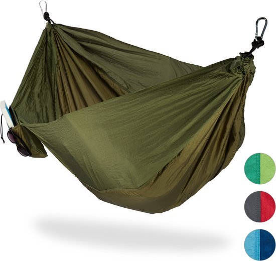 Relaxdays hangmat outdoor - XXL - hang mat 2 personen - extreem licht camping - tot 200 kg donkergroen