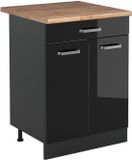 Vicco Keukenonderkast R-Line, Zwart hoogglans/Antraciet, 60 cm met lade goudkleurig eiken werkblad