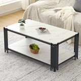 STILVORA Salontafel - Marmerlook Blad Met Metalen Poten En 2 Legplanken - Modern Voor Woonkamer - MDF;Metaal - Wit;Zwart - 114x64x46 Cm
