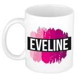 Bellatio Decorations Eveline naam cadeau koffie mok - beker - met roze verfstrepen - Cadeau collega - moederdag - verjaardag - juf - coach - 300 ml - wit