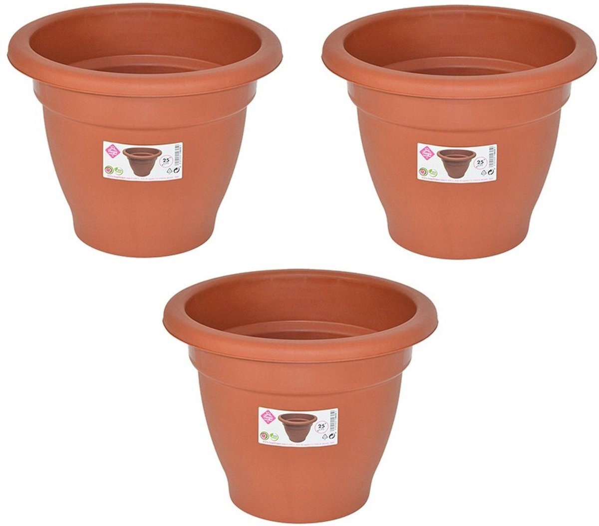 Hega hogar Set van 5x stuks terra cotta kleur ronde plantenpot/bloempot kunststof diameter 25 cm - Plantenbakken/bloembakken voor buiten