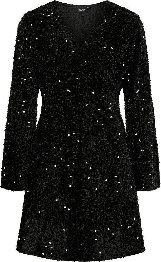 PIECES PCKAM LS V-NECK NEW DRESS JRS BC - Black - Size M - Mini jurk - Lange mouw - Dames