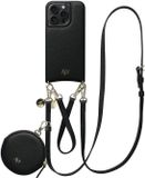 AVY Leren Hoesje geschikt voor Apple iPhone 15 Pro | Met Koord en Mini Telefoontasje | Compatibel met MagSafe | Leather Case met 30CM & 130CM Koord & Pouch | Leather Set | Zwart