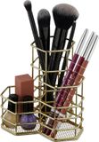 Relaxdays make-up kwastenhouder, 3 vakken, zeshoekig, 12,5 x 12 x 12,5 cm, metaal, goud
