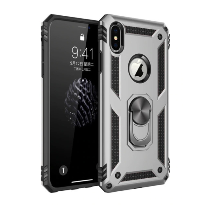 R-JUST iPhone 8 Hoesje - Shockproof Case Cover Cas TPU Grijs + Kickstand