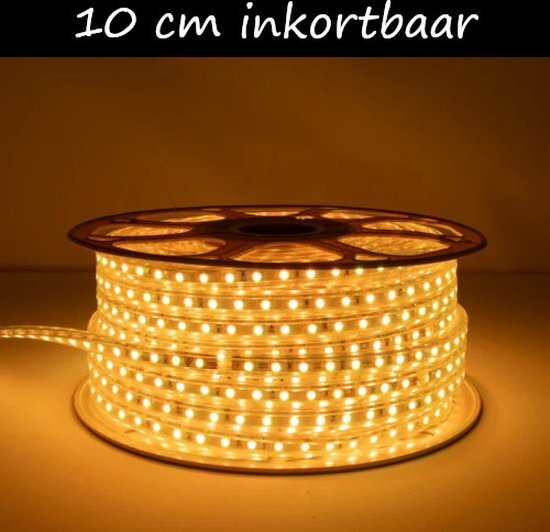 LED Strip 230V - Oranje - inkortbaar per 10cm - 120LEDs/m - 560Lm/m - IP65 - Dimbaar - 25 meter