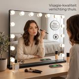 OMNIEXA Hollywood Spiegel 58×46cm – 15 LED Lampen – 3 Lichtkleuren – Dimbaar – 10x Vergroting – USB-C – Make Up Spiegel – Visagie Spiegel – Vanity – Zwart