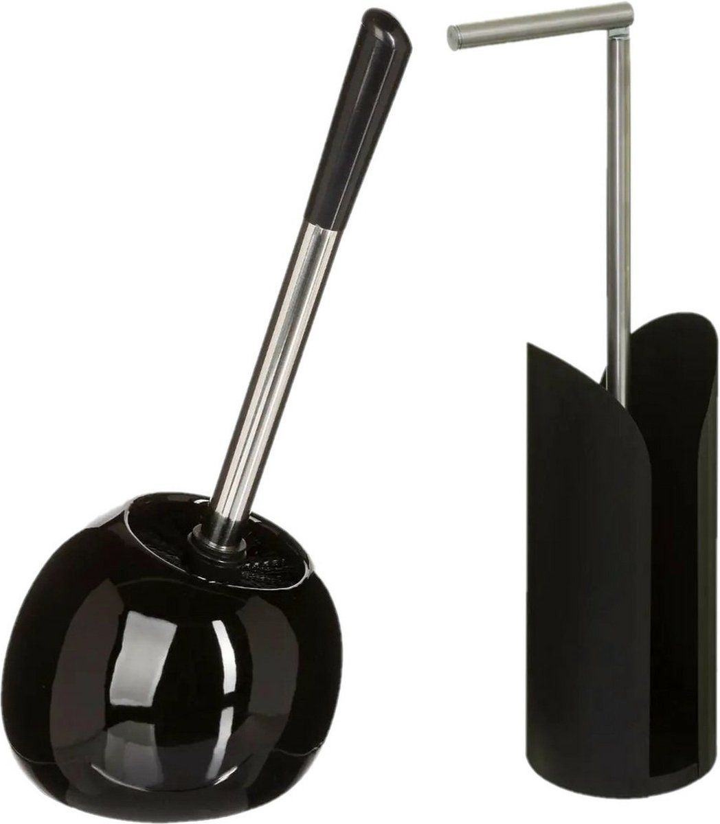 5five - WC-borstel/toiletborstel met toiletrolhouder set - zwart - keramiek