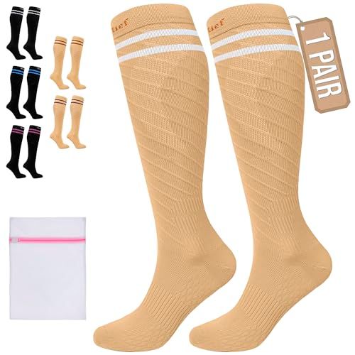 360 Relief Compressie Sokken klasse 1 voor Mannen en Vrouwen - 15-20 mmHg Steunkousen voor langeafstandsvluchten, reizen, sporten, hardlopen, wandelen - 1 Paar Compression Socks L/XL Beige met wasnet