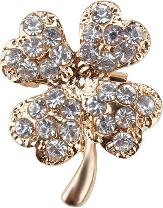 Fako Bijoux® Broche Klavertje Vier Kristal Goudkleurig 20x25mm